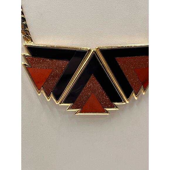 Ben-Amun Designer Red Brown Geometric Gold Tone Pendant Collar Necklace - Picture 5 of 10
